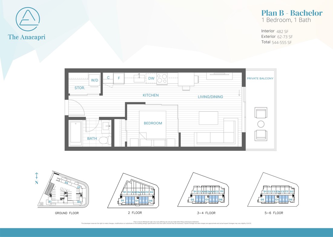 Plan B floor plan, 1 Bed, 1 Bath, 482 SF interior
