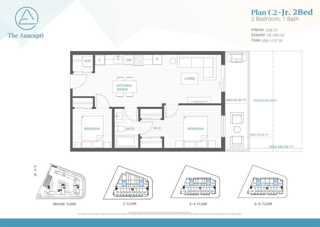 Plan C2 floor plan, 2 Bed, 1 Bath, 648 SF interior