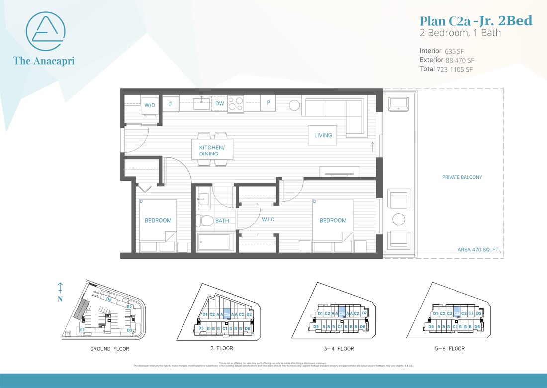 Plan C2a floor plan, 2 Bed, 1 Bath, 635 SF interior