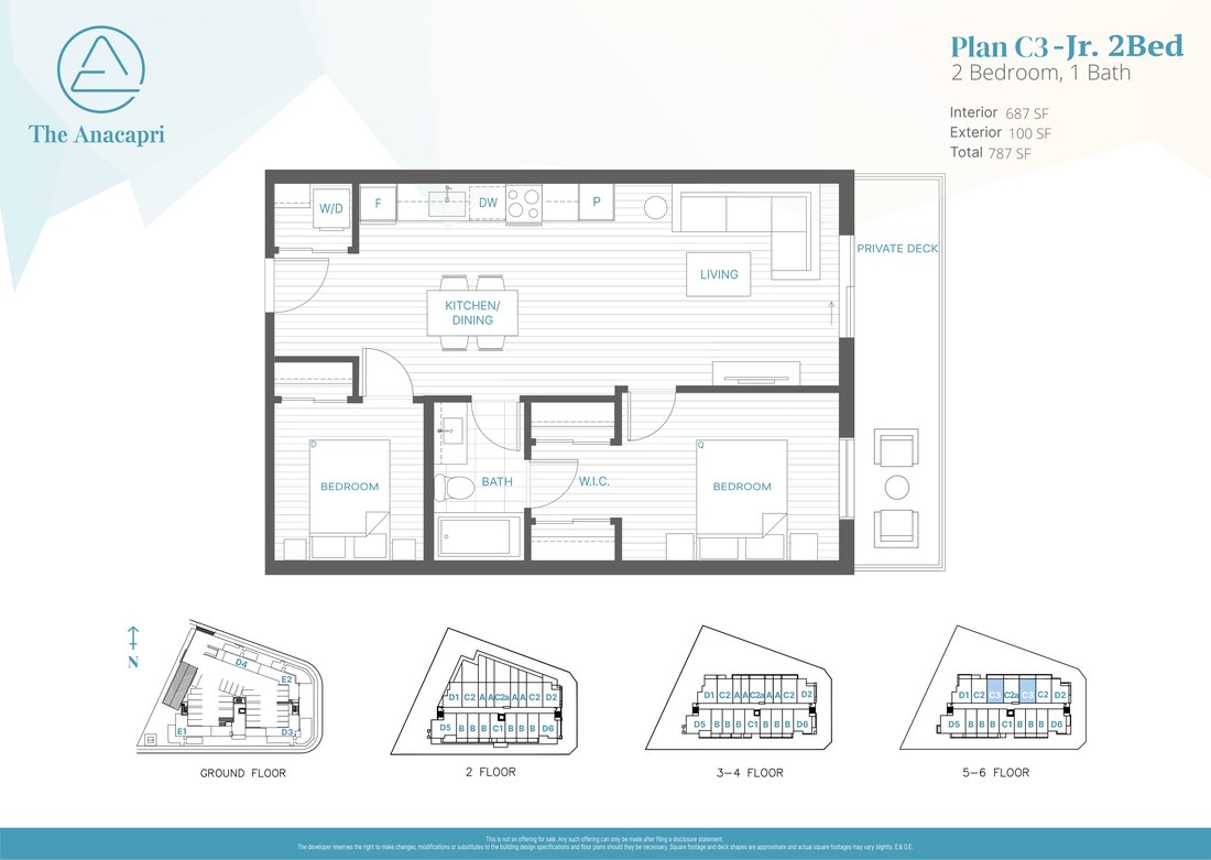 Plan C3 floor plan, 2 Bed, 1 Bath, 687 SF interior