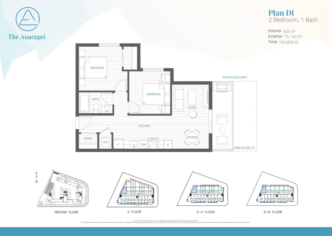Plan D1 floor plan, 2 Bed, 1 Bath, 665 SF interior