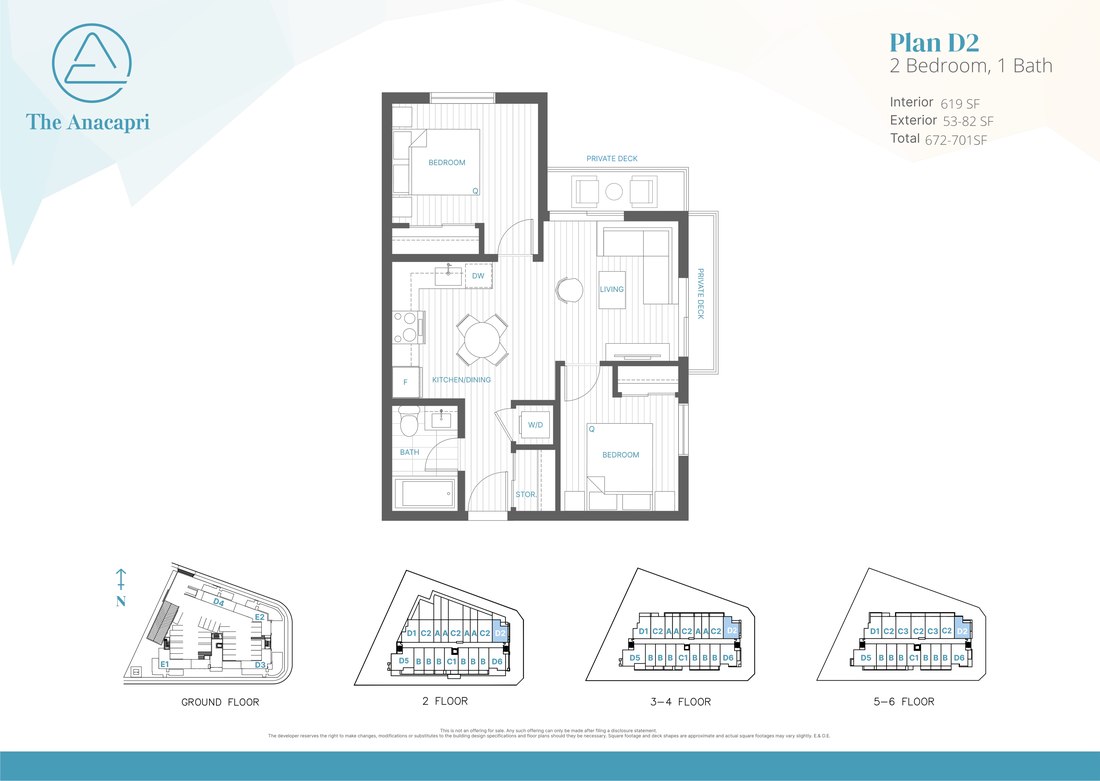 Plan D2 floor plan, 2 Bed, 1 Bath, 619 SF interior