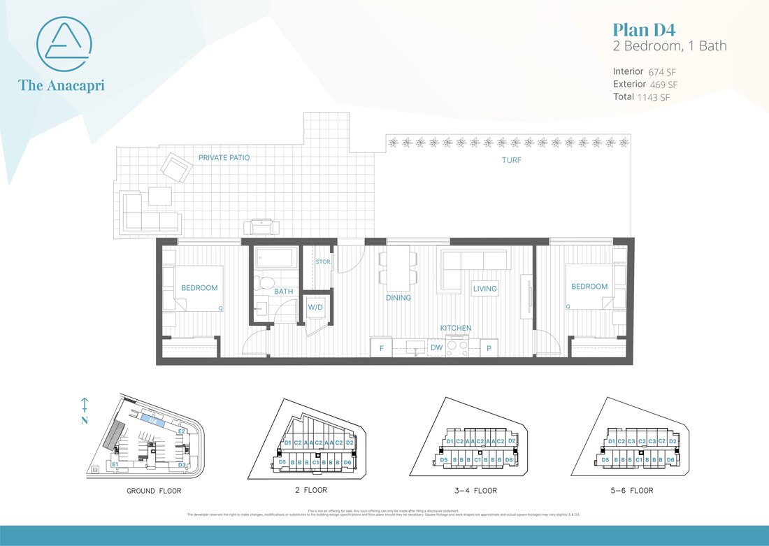 Plan D4 floor plan, 2 Bed, 1 Bath, 674 SF interior